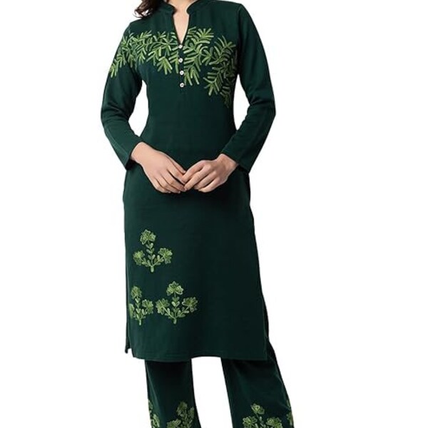 Vêtements d'hiver pour femmes - Kurta en laine - Empiècement embelli en laine pashmina - Kurta cachemiri - Longue tunique indienne - Ensemble palazzo Kurti