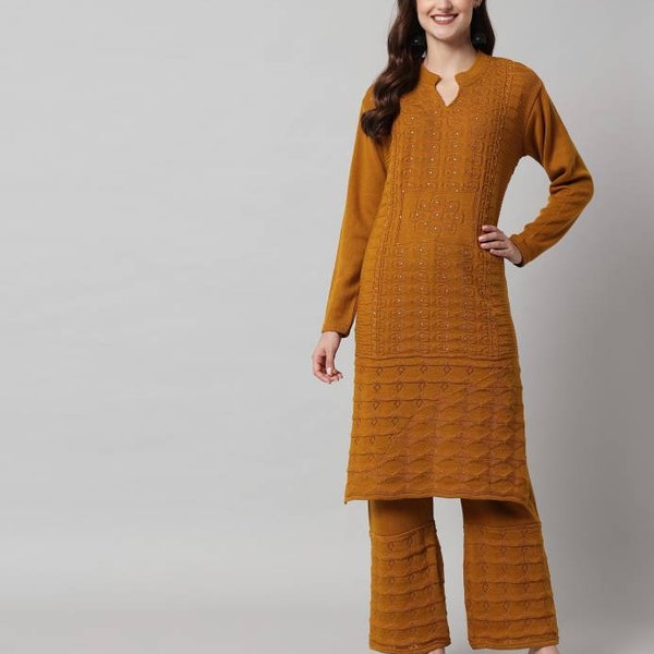 Vêtements d'hiver indiens Kurta en laine - Embellished Yoke Design Pashmina Wool Straight Kurta - Cachemire Kurta - Tunique longue indienne - Kurti palazzo Set