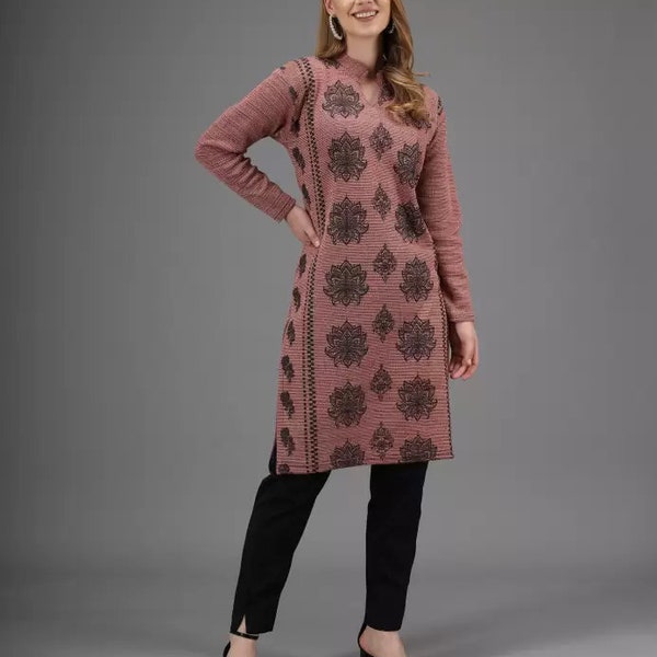 Jaipuri handmade Pink Woolen Tops Straight kurta and Long cardigan with pocket,Regular Fit,Available Best colors,Best Gift For Women