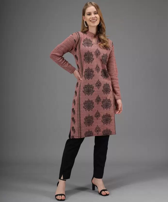 Designer Pink Color Woolen Kurti with print for Women