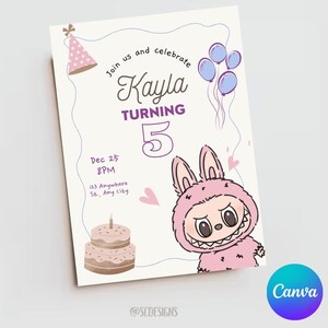 Niedliche Monster Labubu Einladung zur Geburtstagsparty, einfach bearbeitbare Einladung Canva Vorlage, druckbare Einladung Niedliche Monster # 2