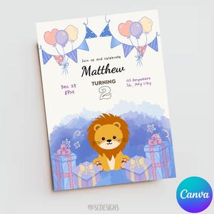 Faire-part d'anniversaire numérique Lion mignon, modèle de toile d'invitation modifiable simple, invitation imprimable animaux enfants mignons, carte bébé lion