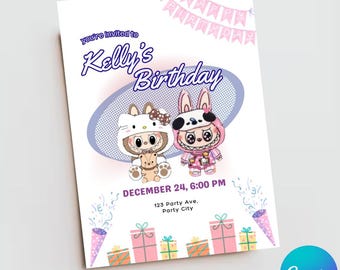 Cute Monsters Labubu Digital Birthday Party Invitation, Simple Editable Invitation Canva Template, Cute Monsters Printable Invitation #5