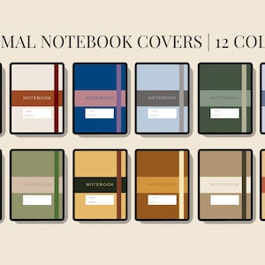 May include: Twelve different notebook covers with a minimalist design. Each cover features a solid color background with a thin vertical stripe and a horizontal stripe across the center. The word "NOTEBOOK" is printed in black on the horizontal stripe.