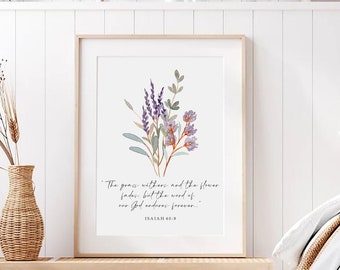 Isaiah 40:8 Scripture Wall Art, Floral Christian Print, Modern Scripture Decor, Bible Verse Quote, Botanical Scripture