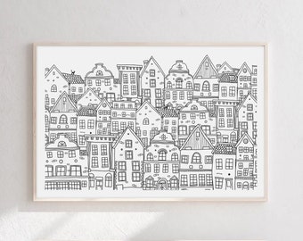 Cute Houses Printable Wall Art, Black and White Drawing, Scandinavian Decor, Outline Digital Art, Home Sketch, Gift for Friends