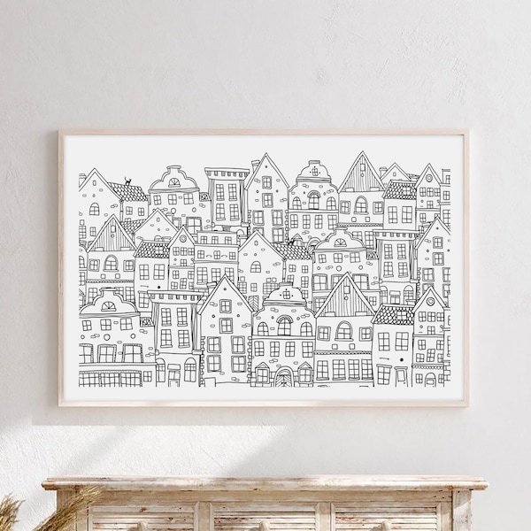 Cute Houses Printable Wall Art, Black and White Drawing, Scandinavian Decor, Outline Digital Art, Home Sketch, Gift for Friends