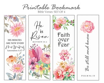 Bible Verses Bookmarks Set of 4, Printable Bookmark Scripture, Floral Bookmarks, Christian Bookmarks, Instant Download Art Bookmark