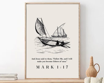 Fishers of Men Poster, Christian Wall Art, Bible Verse Wall Art, Hand Drawn Sailboat Wall Art Print, Neutral Coastal Aesthetic, Mark 1:17