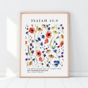 Isaiah 40:8 Floral Bible Verse Wall Art, Botanical Scripture Wall Print, Modern Scripture Decor, Christian Faith Poster