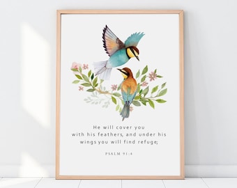 Toile Psaume 91:4 - Art Mural Chrétien Moderne - Verset Biblique Déco