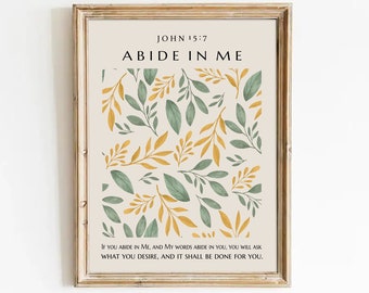 John 15:5 Abide in Me Bible Verse Prints, Christian Aesthetic Poster, Scripture Botanical Art, Modern Scripture Decor, I Am The Vine