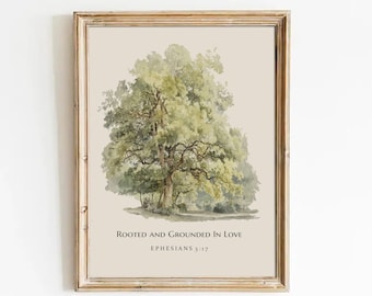 Bible Verse Wall Art, Ephesians 3:17, Encouraging Christian Poster, Rooted Grounded, Vintage Tree Christian Artwork, Modern Scripture