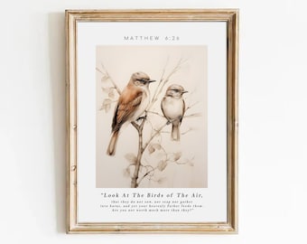 Christelijke kunst aan de muur, kijk naar de vogels, Bijbelvers print, Matteüs 6:26, vintage christelijke muur print, christelijke schrift Home decor