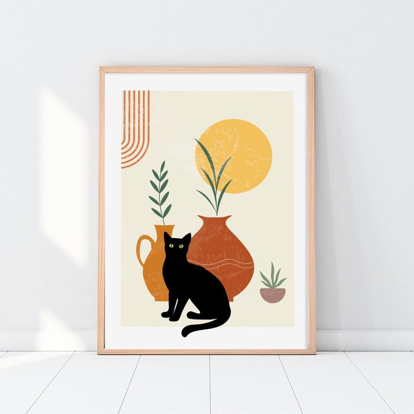 Abstract Boho Cat and Sun Wall Art, Cat Art Print, Minimalist Black Cat, Plants and Cats, Wall Decor, Cat Lover Gift, Digital Download