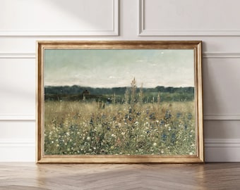 Printable Wildflower Field Landscape Oil Painting, Vintage Landscape Art Print, Antique Country Field Wall Art Digital Download