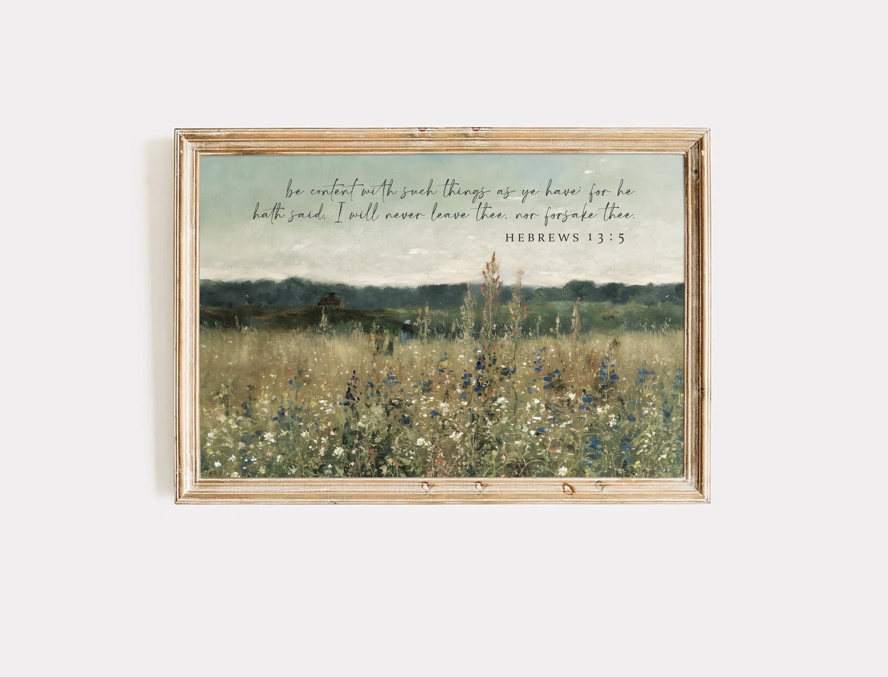 Christian Wall Art, Be Content Hebrews 13:5 KJV, Vintage Bible Verse Wall Art, Scripture Landscape Art, Calming Bible Verse Print