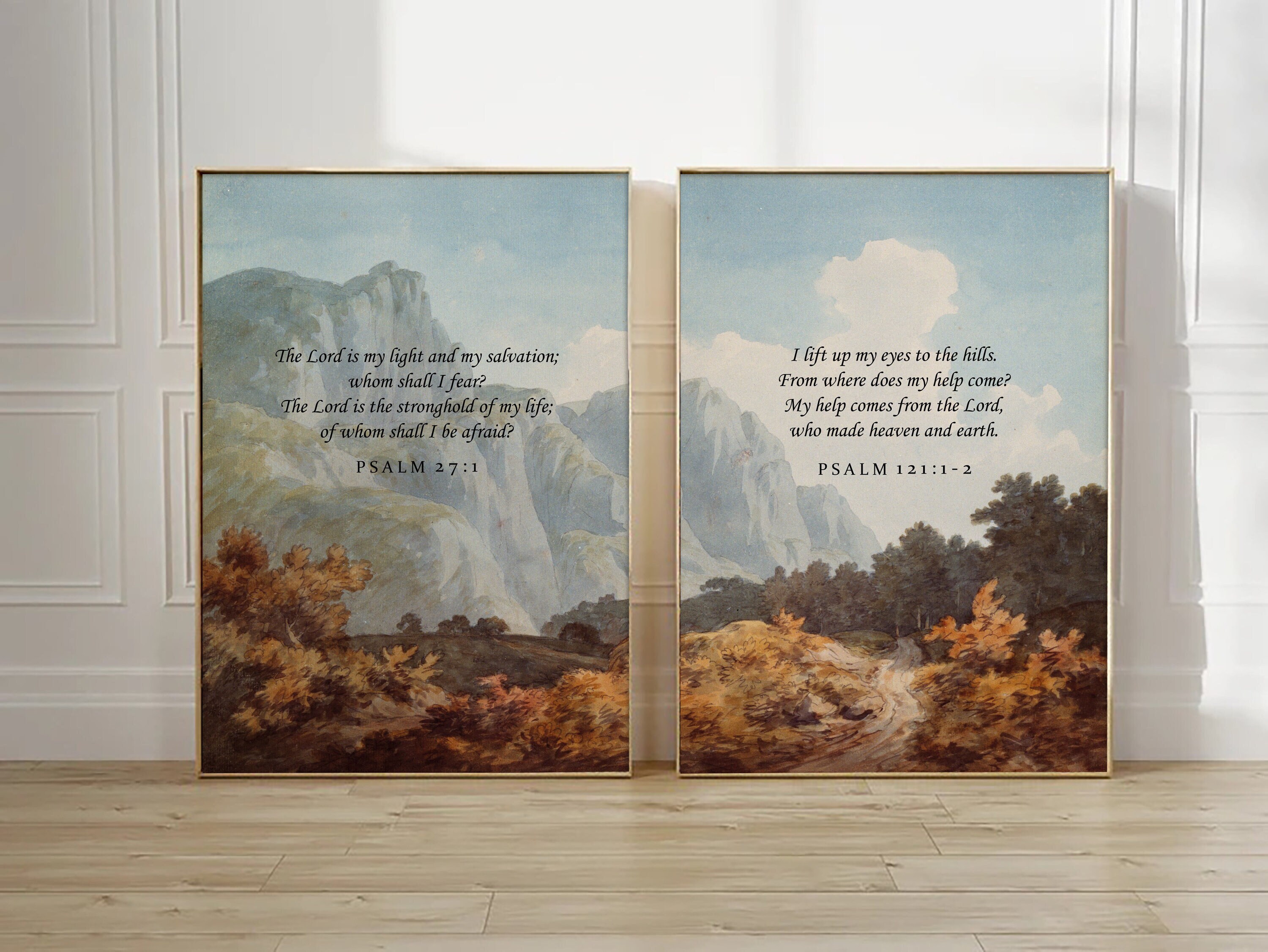 Psalms Bible Verse Wall Art Set of 2, Vintage Watercolor Scripture ...