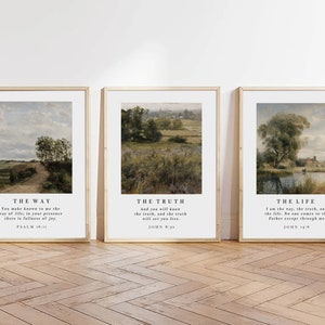 Christian Wall Art Set of 3, The Way, The Truth, The Life, Bible Verse Wall Print, Vintage Christian Decor, John 14, Psalm 16