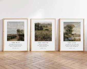 Christian Wall Art Set of 3, The Way, The Truth, The Life, Bible Verse Wall Print, Vintage Christian Decor, John 14, Psalm 16