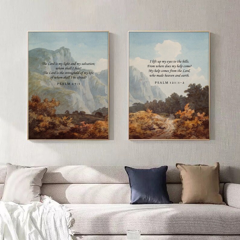 Psalms Bible Verse Wall Art Set of 2, Vintage Watercolor Scripture ...