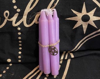 5 purple spell candles (4inch chime candles); used for intuition, meditation, divination, meditation, deepening spiritual wisdom/knowledge