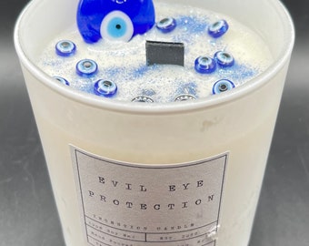 Evil Eye Protection Intention Candle | Handmade | Organic Soy Wax | Crystal-Infused | Ylang Ylang Scent | Pendant Inside (10oz & 15oz)