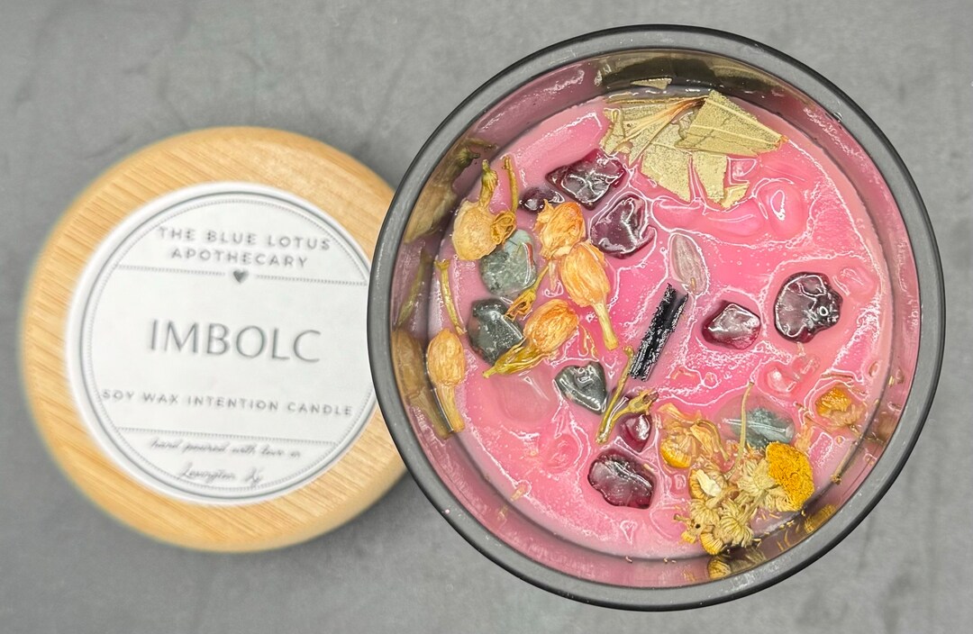 Imbolc Intention Candle | Handmade | Organic Soy Wax | Crystal & Herb ...