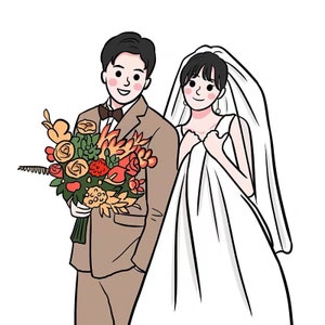 May include: A cartoon illustration of a bride and groom in wedding attire. The bride is wearing a white dress and veil, and the groom is wearing a brown suit and a bow tie. The groom is holding a bouquet of flowers.