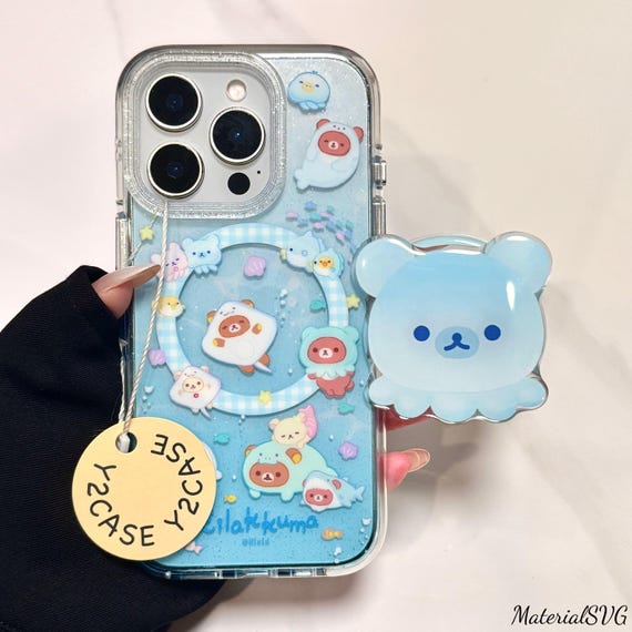 Rilakkuma Blue Aquarium Magnetic Phone Case with Bear Shaker Grip, Magsafe Compatible, iPhone 17 Pro Max Case, iPhone 17 Pro Case, iPhone 17