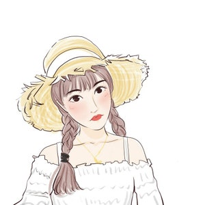 Puede incluir: Una mujer con el pelo castaño en trenzas lleva una blusa blanca de hombros descubiertos y un sombrero de paja de ala ancha.