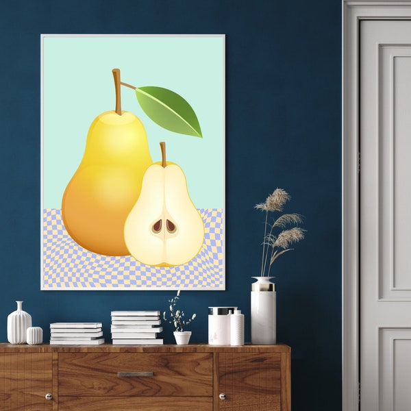 Maximalist wall art vintage inspired pear print wall décor pear print quirky wall art kitchen fruit art above couch art retro fruit print