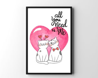 cat valentine wall art, cat valentine printable wall art ,cat lover valentine gift, cute valentine printable, cat valentine wall décor