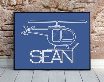 Personalised boys name print printable name art customisable baby name art personalised boy room décor helicopter print unique baby boy gift
