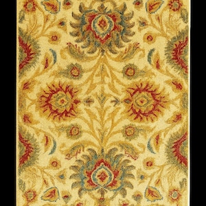 May include: Cream-coloured rectangular rug with a detailed floral pattern in red, gold, green, and blue. The design includes a central medallion and repeating floral elements, offering a classic look.