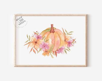 Pumpkin Painting Fall Decor Autumn Print, Printable Wall Art, Botanical Country Fall Wall Art, Hand Drawn Watercolour Pumpkin Vine Plant