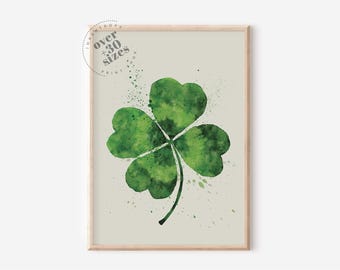 Impresión de tréboles de acuarela para el día de San Patricio, decoración de pared de primavera, póster de trébol de cuatro hojas, imprimibles de San Patricio, arte de pared irlandés