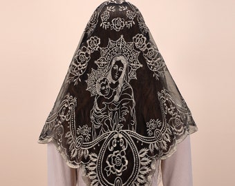 Catholic Veil with Floral Embroidery, Lace Veil Head Cover, Our lady long Veil Mantilla veil