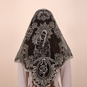 Catholic Veil with Floral Embroidery, Lace Veil Head Cover, Our lady long Veil Mantilla veil