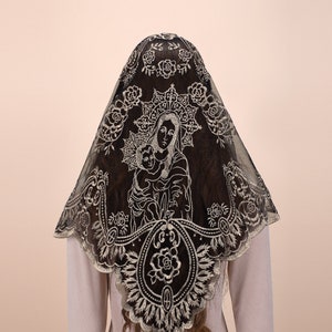 Voile catholique avec broderie florale, couvre-chef en voile de dentelle, long voile de Notre-Dame en mantille