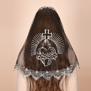 Mantveil D Shape Mantilla Chapel Veil: Traditional Black, White or Black Gold Sacred Heart with Cross Embroidered Lace Catholic Church Veils