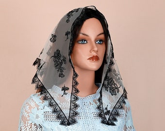 Small Triangle Catholic Church Veil, Black Flower Embroidered Lace Mantilla Chapel Veil, Latin Mass Head Coverings