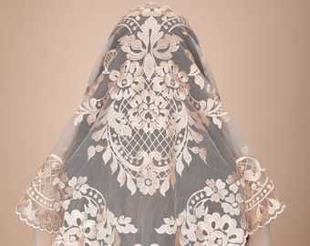 Catholic Veil Triangular One Piece Camellia Embroidered Veil Lace Veil Church Mass Veil