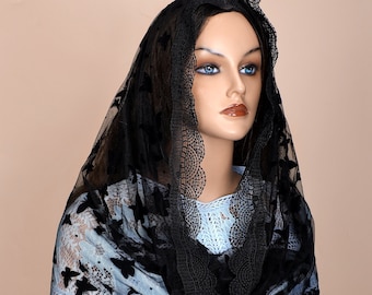 Velos de capilla de encaje flocado de mariposa de estilo español, velo infinito de Mantilla, cubierta de cabeza católica latina para masa para mujeres y niñas