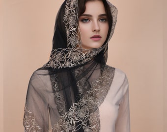 Catholic Mandilla Church Veil - Rectangular Cross Floral Embroidery Veil Latin Mass Church Lace Shawl Mass Veil