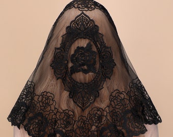 Embroidered Floral Lace Catholic Veil - Triangular Mantilla