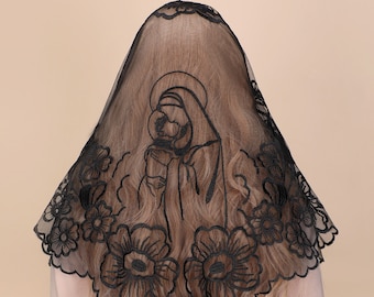 Chapel Veils Catholic Mass Mantilla for Women, Virgin and Child Embroidery Lace Triangle Head Coverings Floral Church Veil