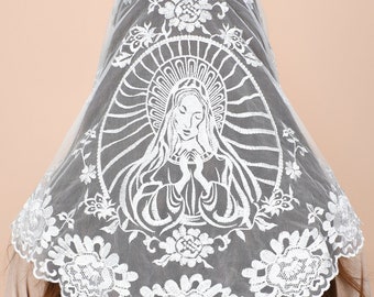 Church Mantilla, Pentecost Triangle holy virgin embroidery catholic veil Traditional mass veil chapel prayer lace veil