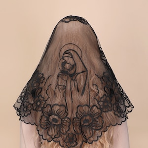 Triangle Lace Mantilla Veil: Virgin and Child Embroidery, Catholic Church Head Covering