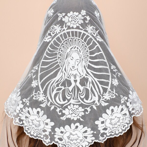 Church Mantilla, Pentecost Triangle holy virgin embroidery catholic veil Traditional mass veil chapel prayer lace veil